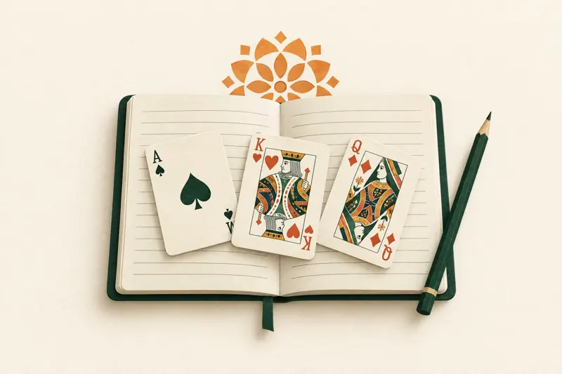 Original learning illustration with a notebook, cards and pencil